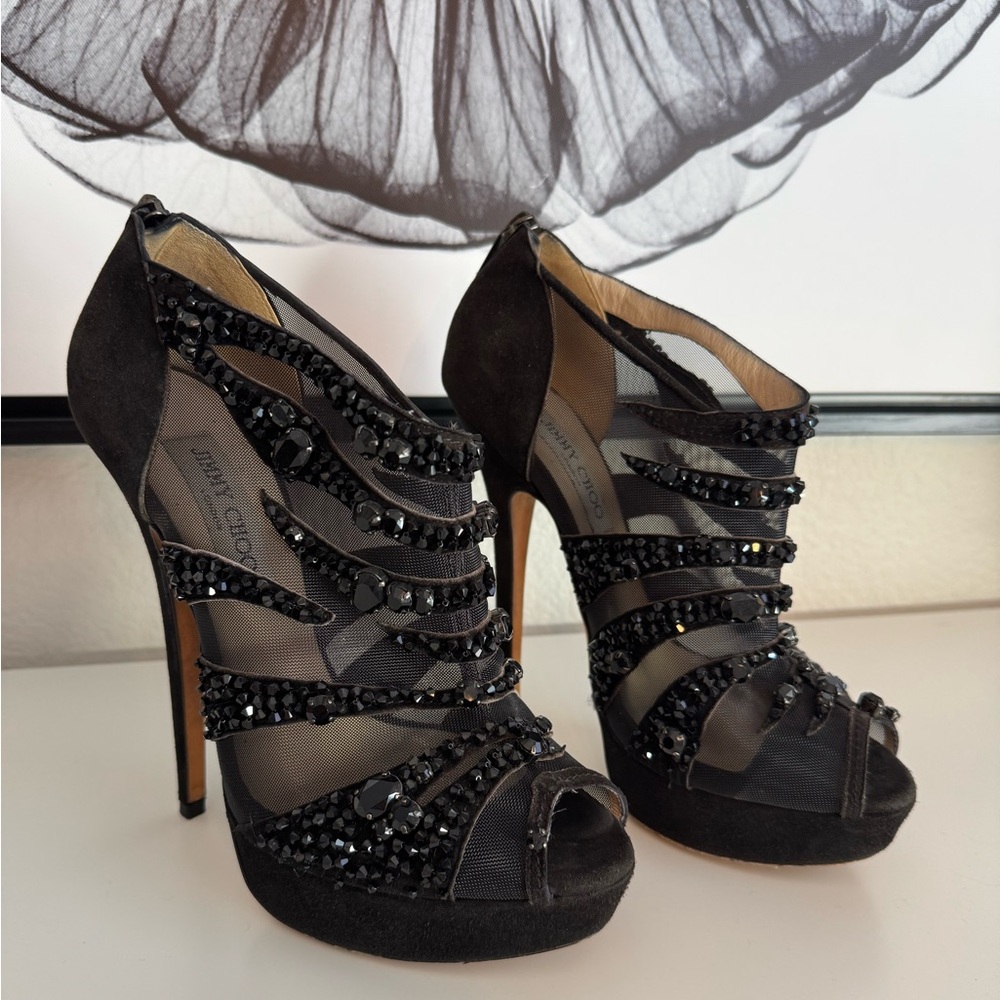 Jimmy Choo Black Jeweled Strappy Peep-Toe High Heels